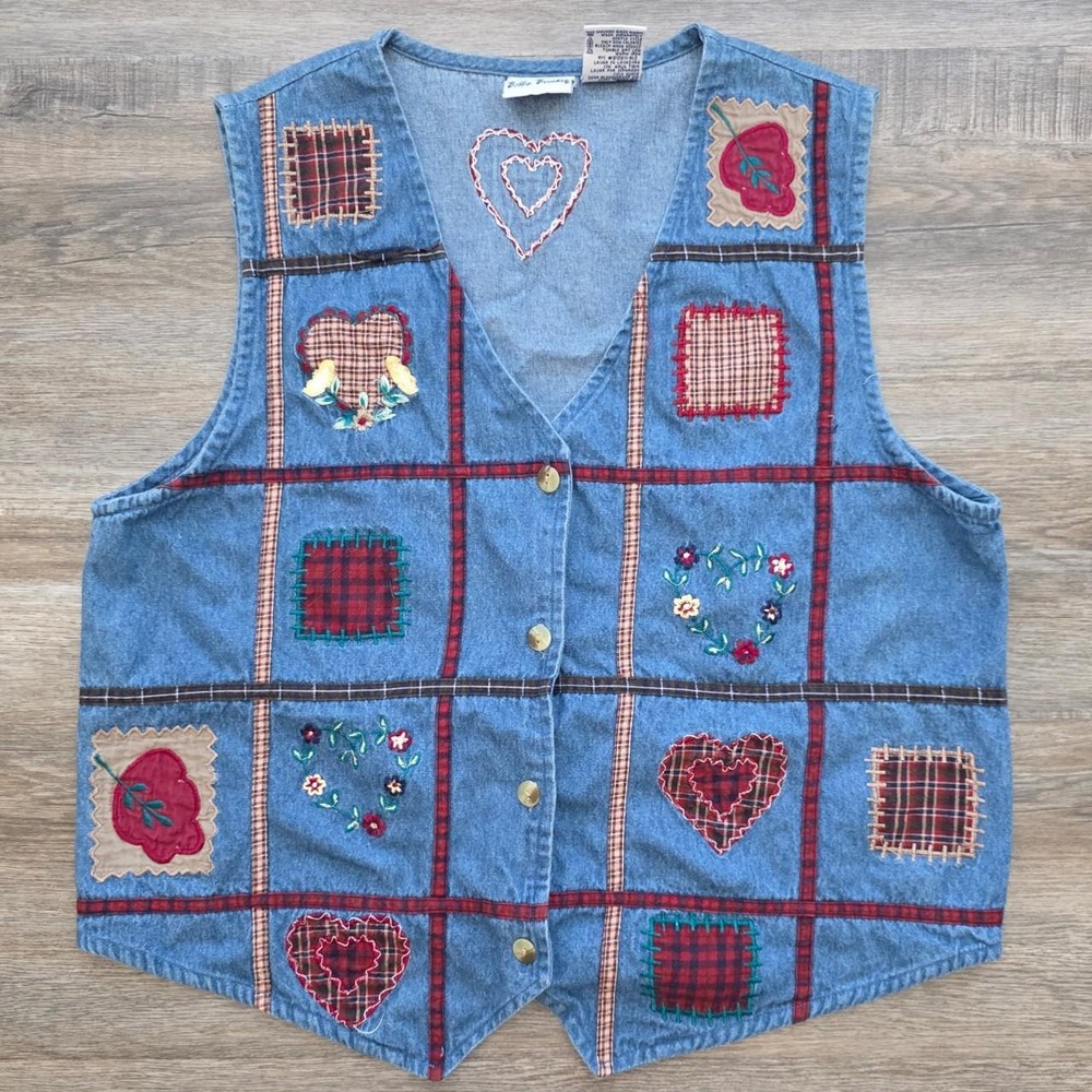 Bobbie Brooks Vintage 90s Patchwork Denim Vest Women Small Floral Plaid BB5555
